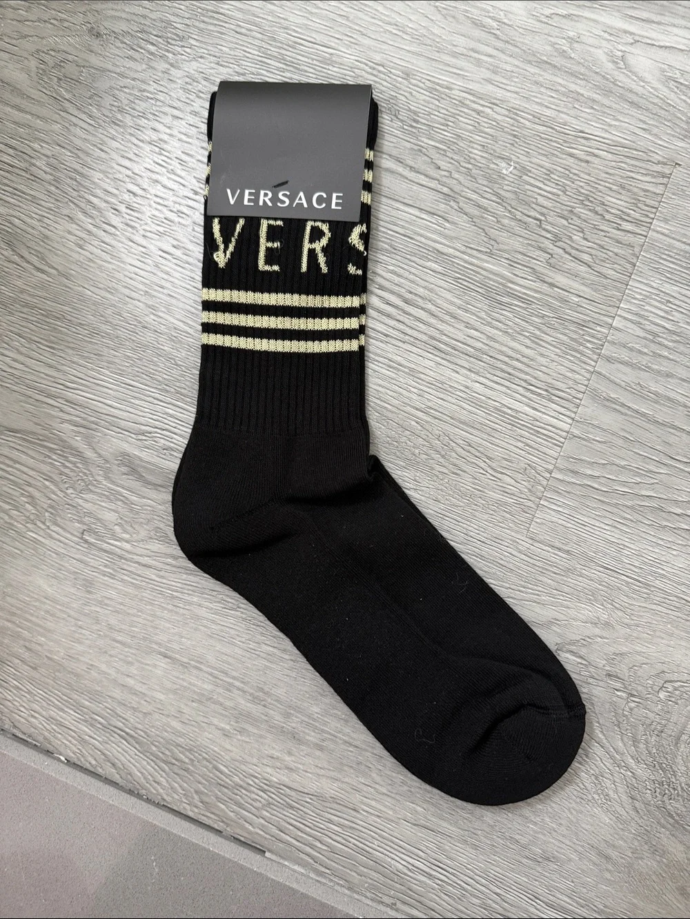 Versace 1990’s Vintage Logo Black & Gold Signature Stripe Crew Socks